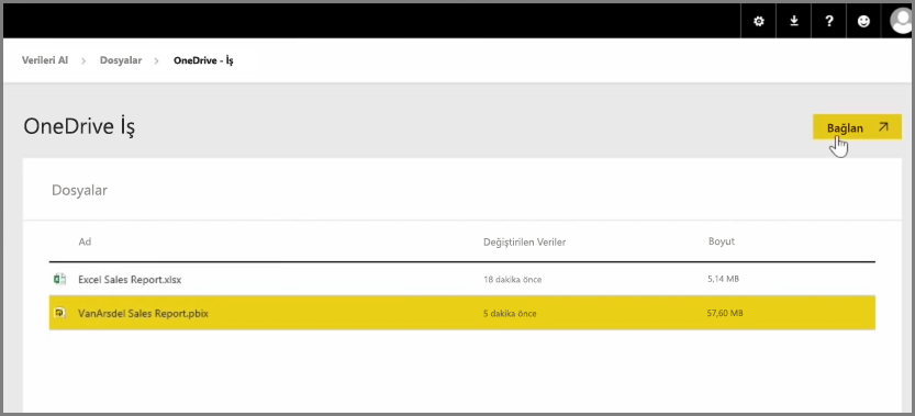 PBIX dosyasını seçme OneDrive İş ekran görüntüsü.