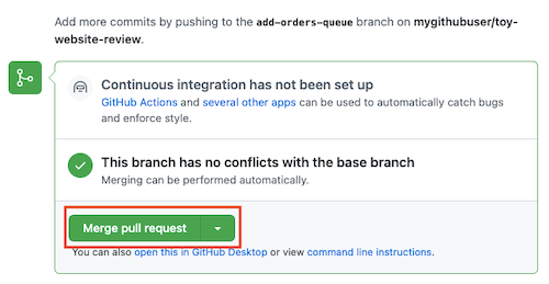 Birleştirme düğmesinin vurgulandığı çekme isteğini gösteren GitHub'ın ekran görüntüsü.