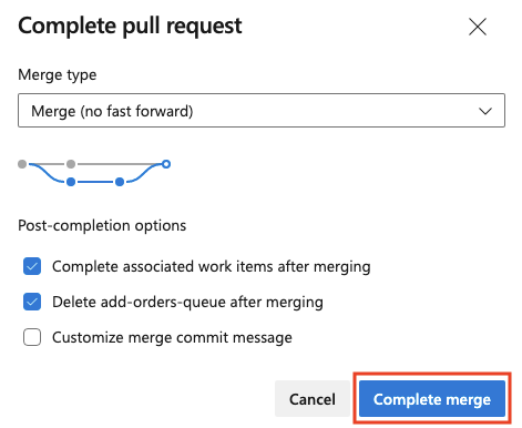 Birleştirmeyi tamamlama düğmesinin vurgulandığı çekme isteği tamamlama panelini gösteren Azure DevOps'un ekran görüntüsü.