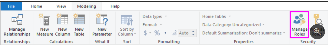 Power BI Desktop modelleme sekmesinde rolleri yönet'in ekran görüntüsü.