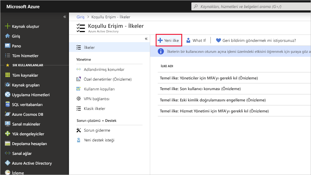 Screenshot highlighting the New Policy button in the Azure portal.