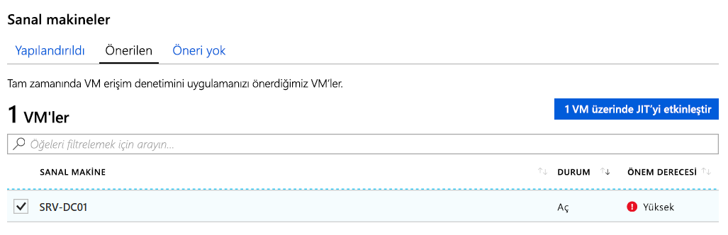 Screenshot that depicts how you can enable JIT VM Access for a selected VM.