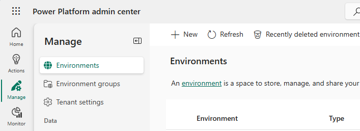 Screenshot of Microsoft Power Platform Admin center with the New button highlighted.