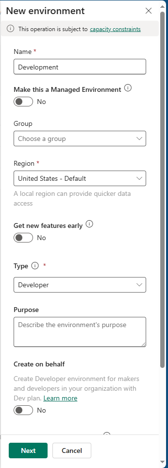 Screenshot of the new environment settings.