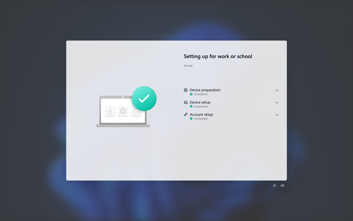 Windows 11 Pro cihazında arka planda Koyu mod Bloom bulunan Windows Autopilot'ın ekran görüntüsü.