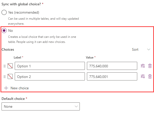 Screenshot of local choice column creation.
