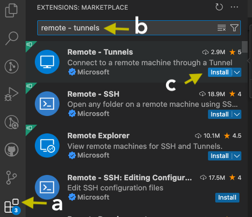 Extensions: Marketplace'da Remote - Tunnels aramasının ekran görüntüsü.