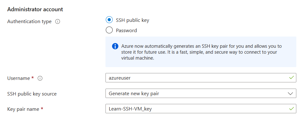 Azure'da VM oluşturma sırasında Yönetici Hesabı bölümünün varsayılan değerlerini gösteren ekran görüntüsü.
