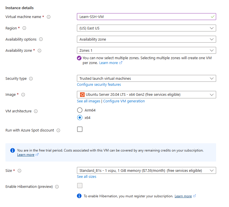 Oluşturulacak Azure VM'nin ayrıntılarını gösteren ekran görüntüsü.