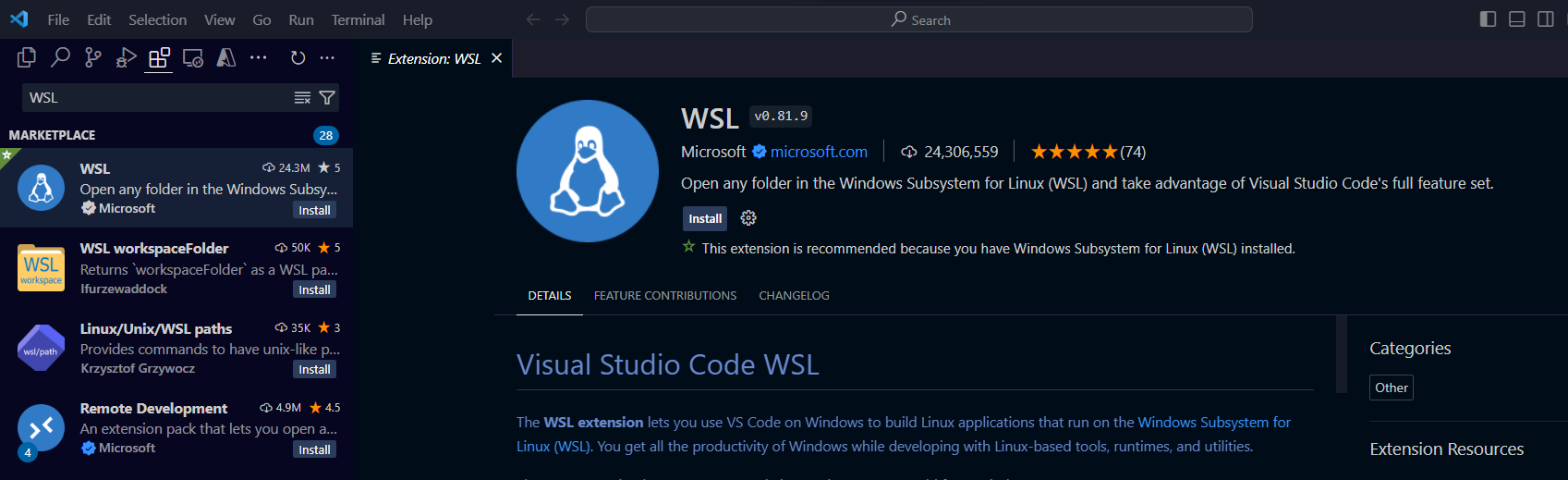 WSL uzantısının gösterildiği Visual Studio Code Uzantıları sekmesinin ekran görüntüsü.