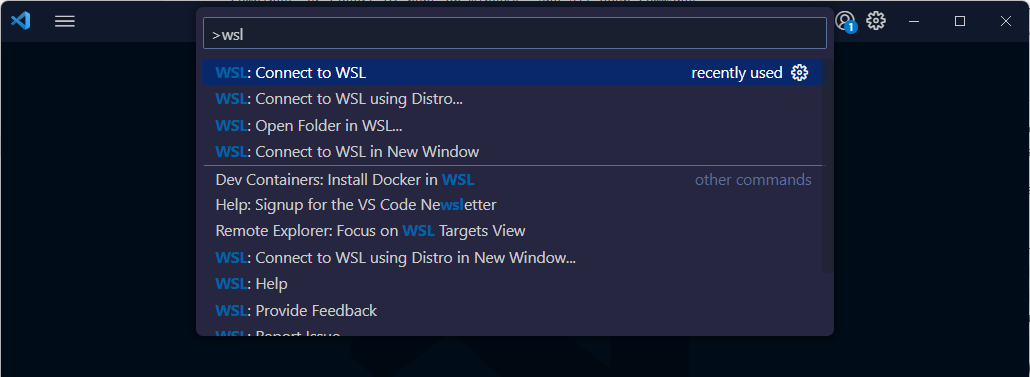 Visual Studio Code WSL WSL'ye bağlan komutunun ekran görüntüsü.
