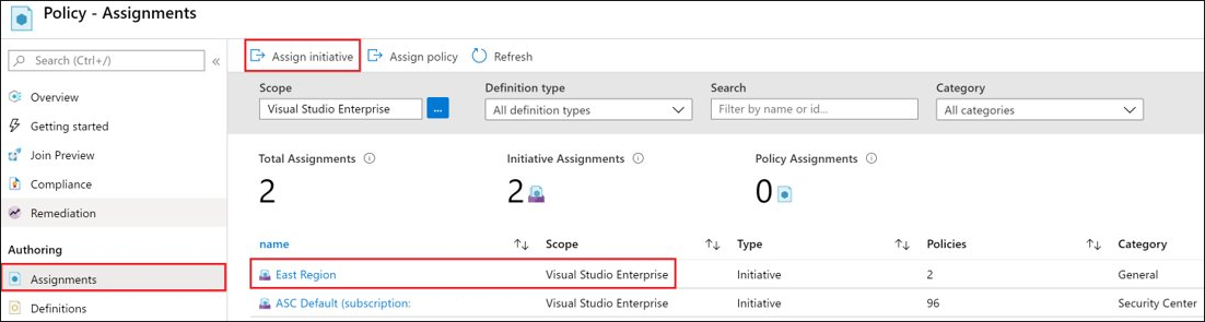 Screenshot that shows how to assign an initiative definition to resources or groups or resources to establish the scope.