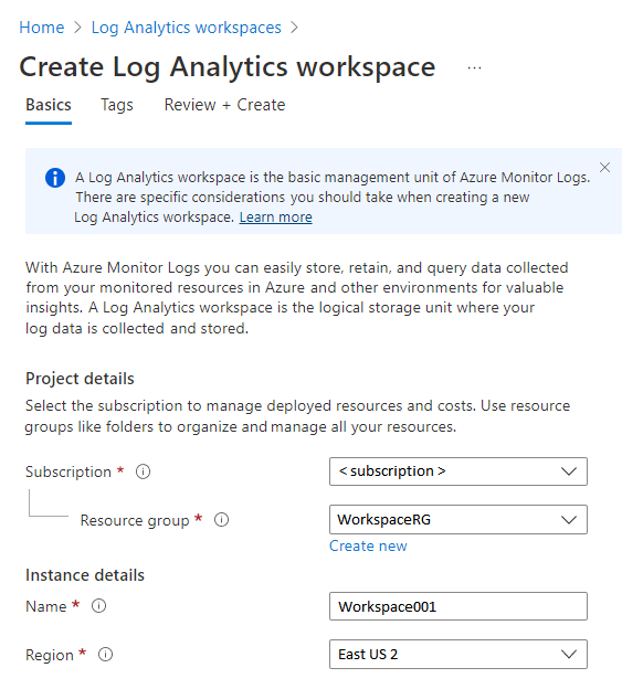 Azure portalında Log Analytics çalışma alanı oluşturmayı gösteren ekran görüntüsü.