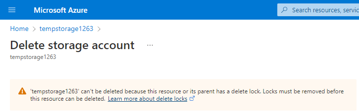 Kaynak kilidinin silmeyi önlediğini açıklayan Depolama hesabını sil hatasının ekran görüntüsü.