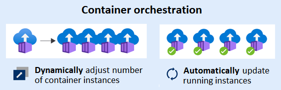 Diagram that shows how container orchestration dynamically or automatically scales container instances.