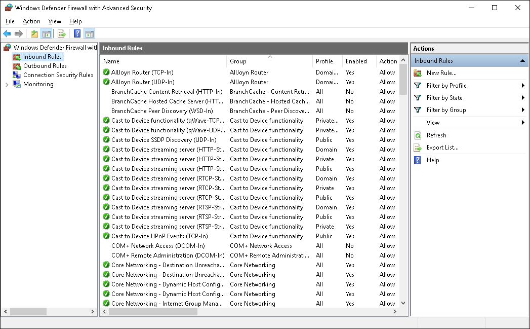 Gelişmiş Güvenlik, Gelen Kuralları düğümüne sahip Windows Defender Güvenlik Duvarı'nın ekran görüntüsü.