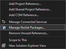 NuGet paketlerini yönetmek için Visual Studio seçeneğinin ekran görüntüsü.