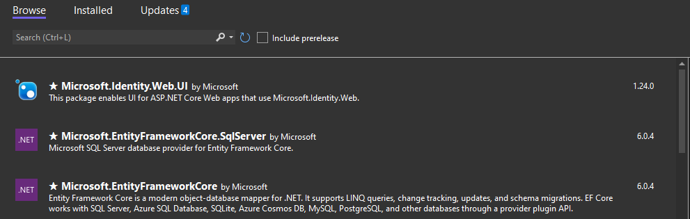 NuGet paketlerini yönetme, Visual Studio'dan yükleme ve güncelleştirme ekran görüntüsü.