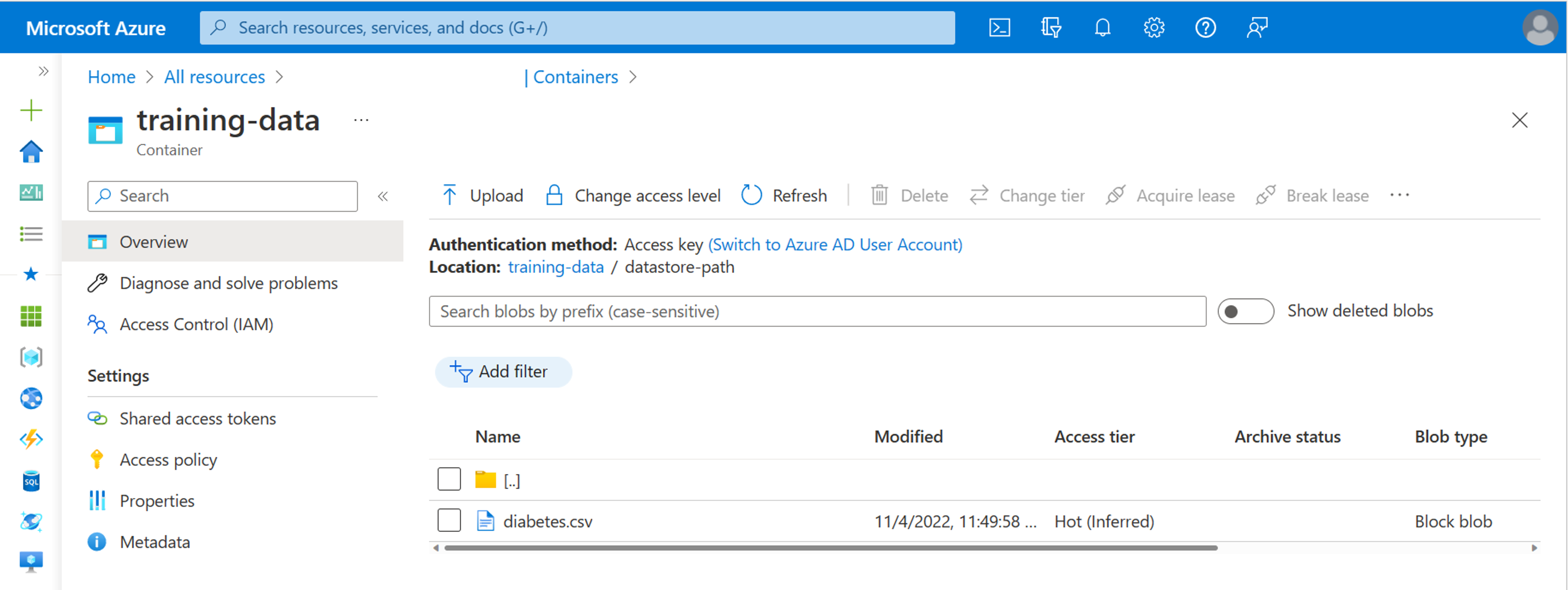 Azure Blob Depolama'da depolanan verilerin ekran görüntüsü.