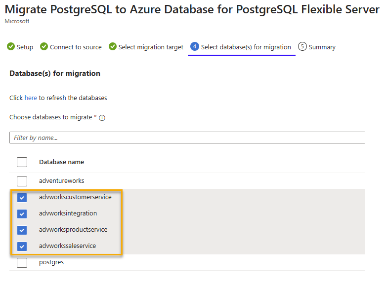 Geçiş projesi veritabanı seçimini gösteren Azure portalının ekran görüntüsü.