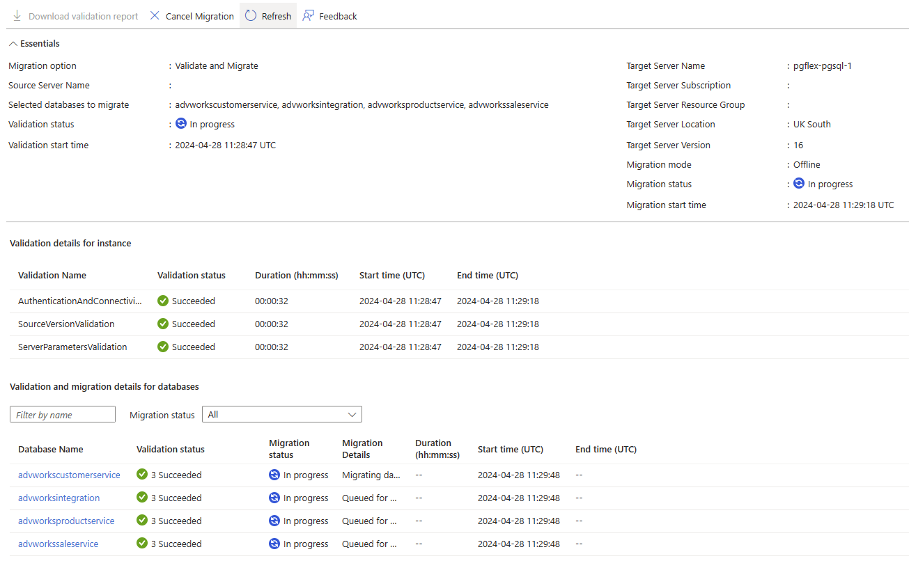 Geçiş projesi veritabanı doğrulamasını ve geçiş durumunu gösteren Azure portalının ekran görüntüsü.