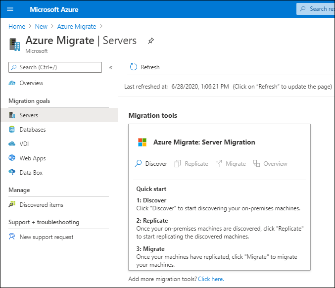 A screenshot of the Azure portal. The administrator has added Azure Migrate and selected the Azure Migrate: Server Migration tool.