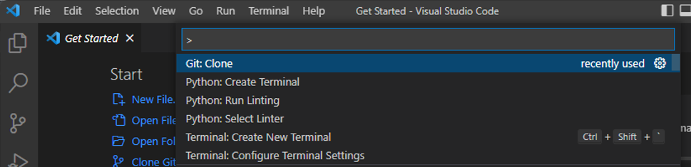 Visual Studio Code komut paletindeki Git kopyasının ekran görüntüsü.