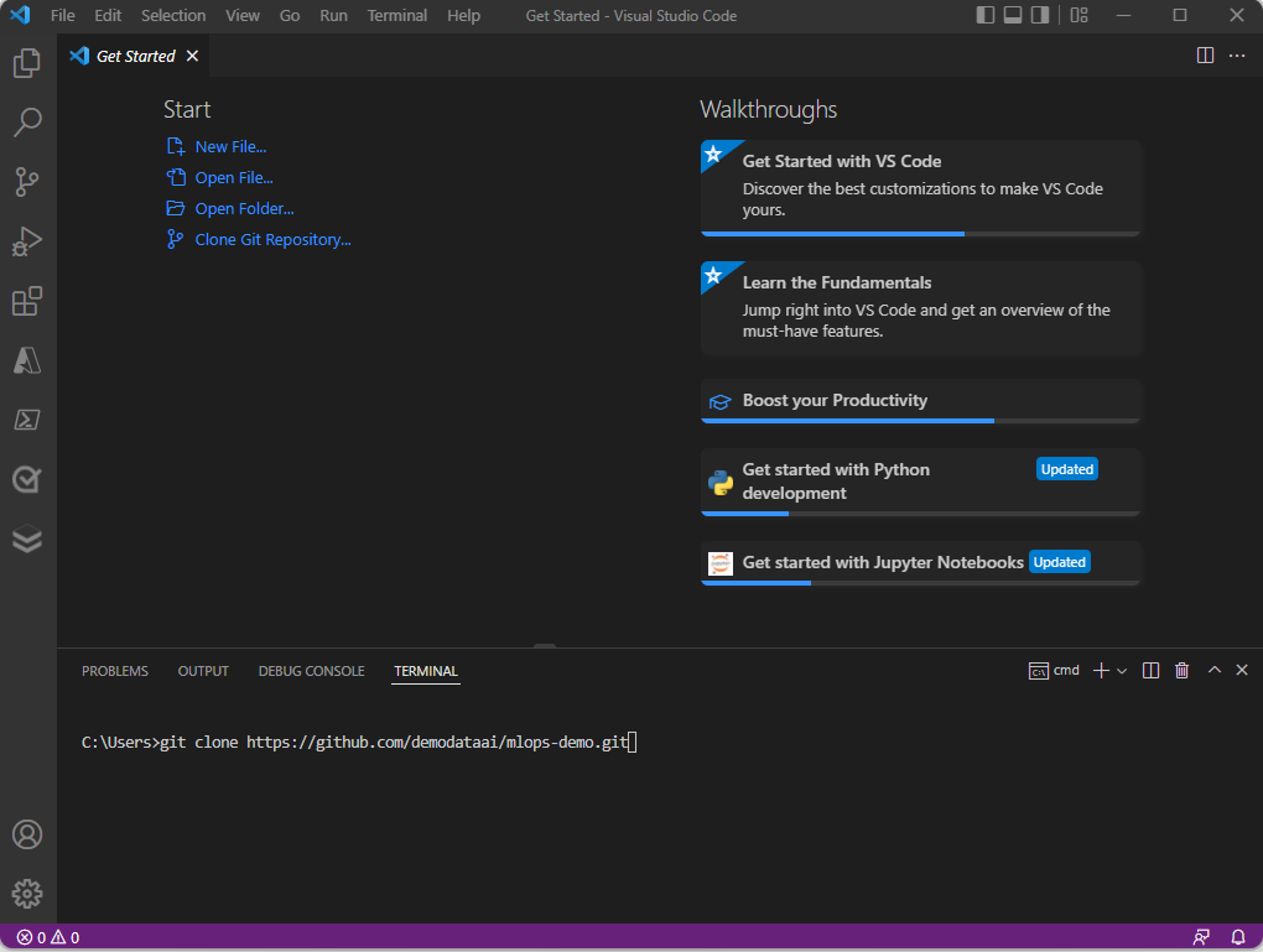 Visual Studio Code terminalindeki Git kopyasının ekran görüntüsü.
