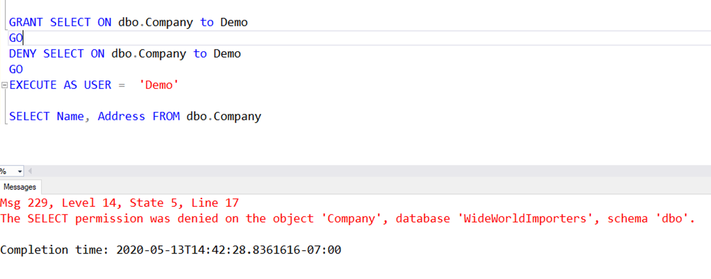 GRANT'i geçersiz kılmaya yönelik bir DENY'in T-SQL Örneği