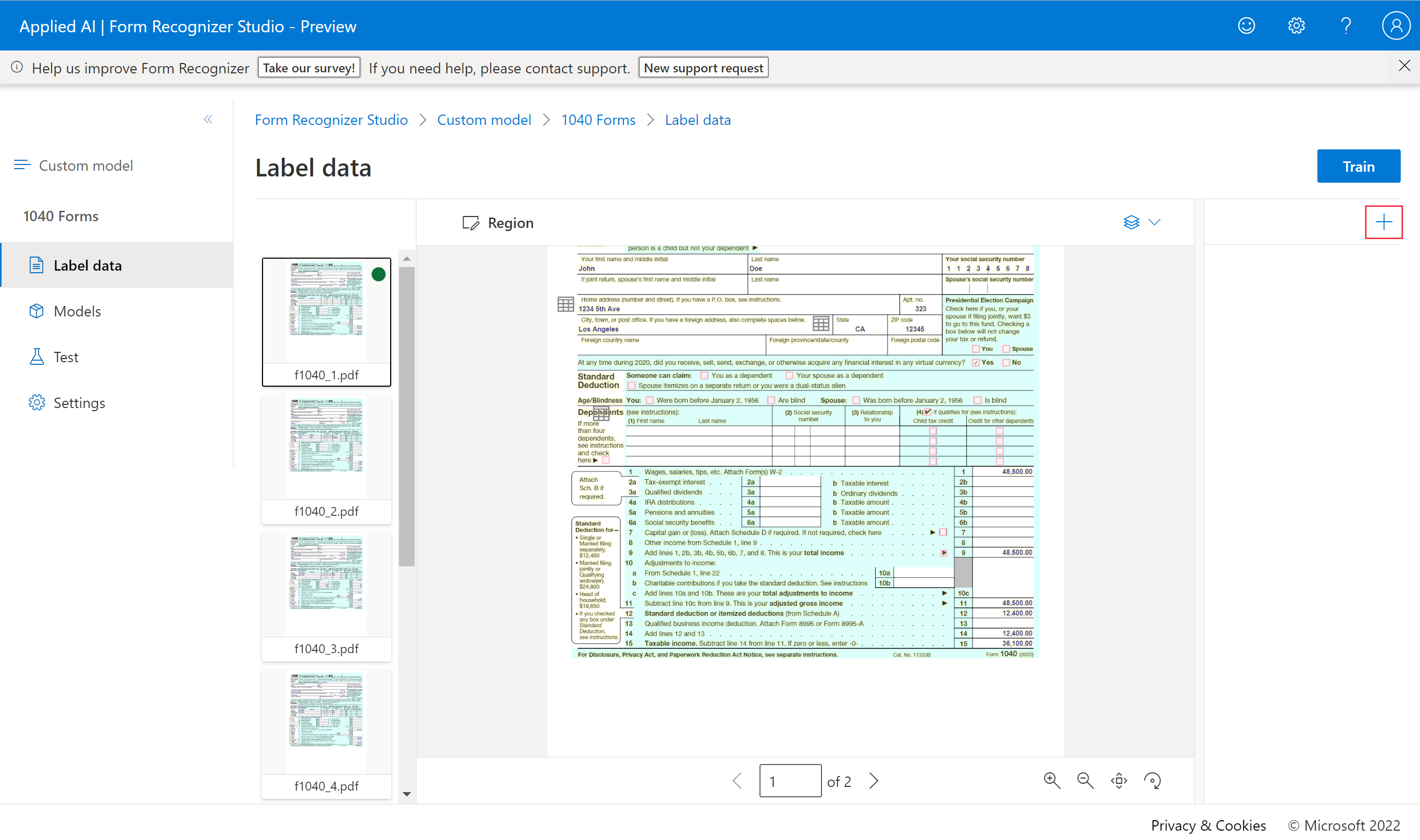 Screenshot showing how to add a new label in Azure AI Document Intelligence Studio.