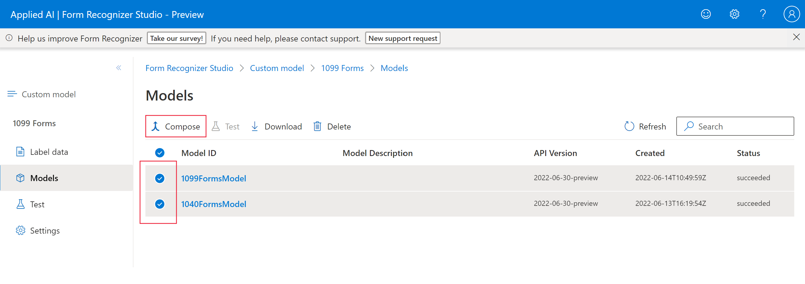 Screenshot showing how to begin composing a model in Azure AI Document Intelligence Studio.