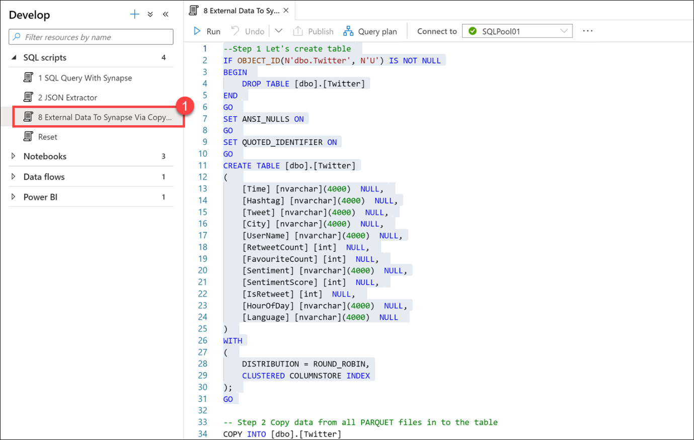 Create a table in Azure Synapse Studio