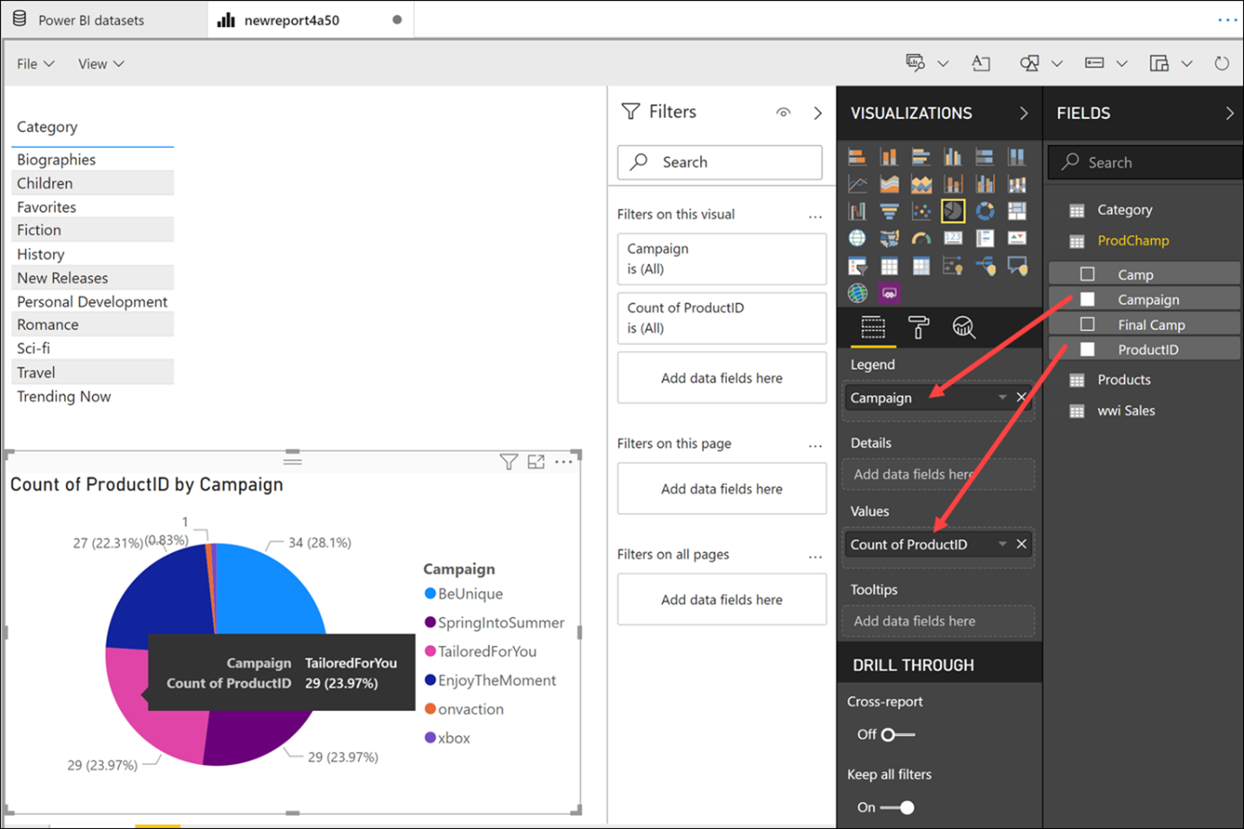 Modifying Power BI pie charts in Azure Synapse Studio