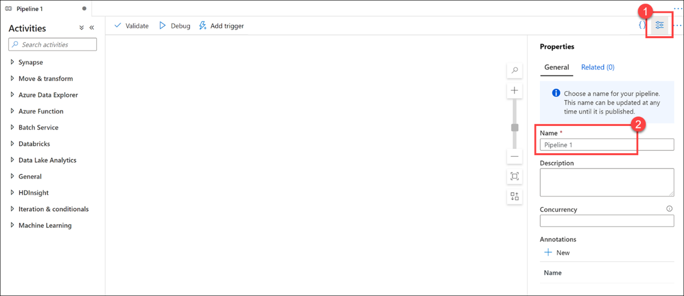 Pipeline properties in Azure Synapse Studio