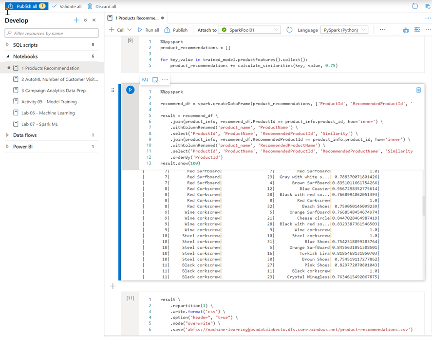 View recommendations in a notebook in Azure Synapse Studio