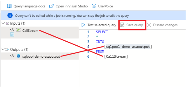 The Stream Analytics query writes data directly from the Event Hubs input into the Synapse Analytics output.