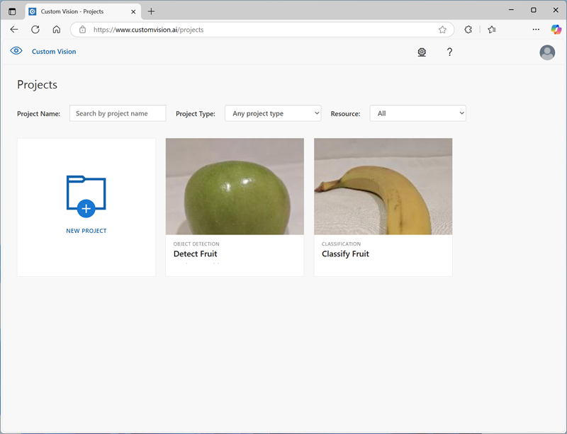 Azure AI Özel Görüntü İşleme portalının ekran görüntüsü.