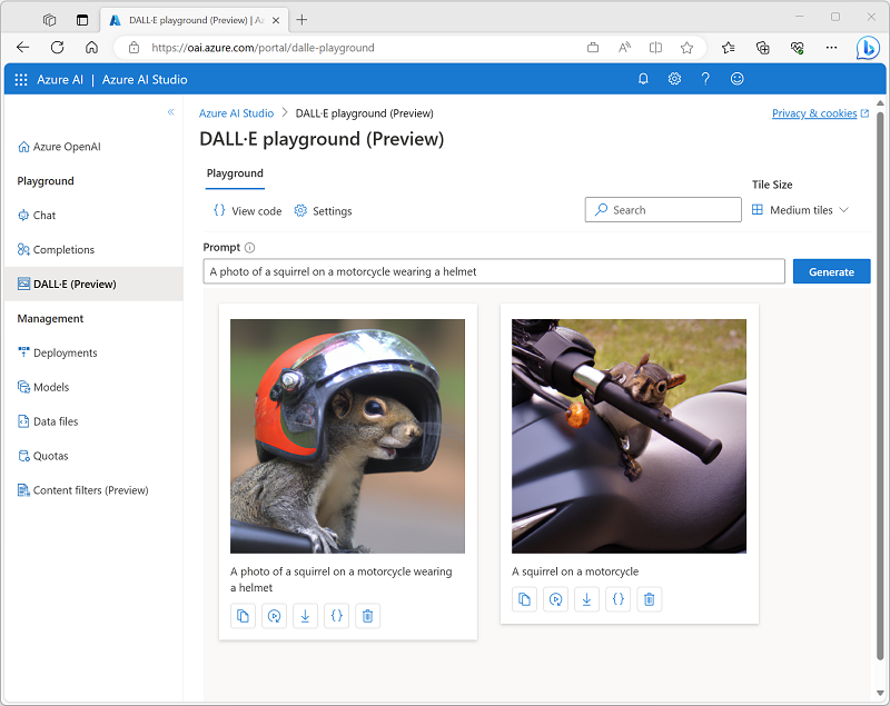 Azure OpenAI Studio'daki DALL-E oyun alanının ekran görüntüsü.