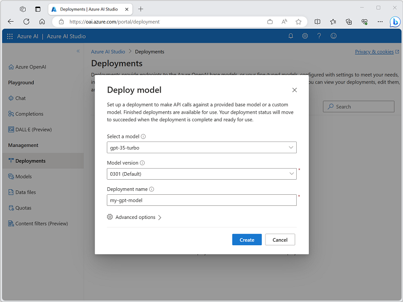 Screenshot of the Azure OpenAI Studio portal's model deployment wizard.