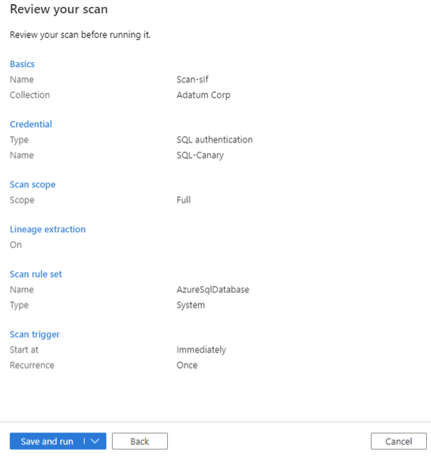 Microsoft Purview için tarama sayfasını gözden geçirme ekran görüntüsü.