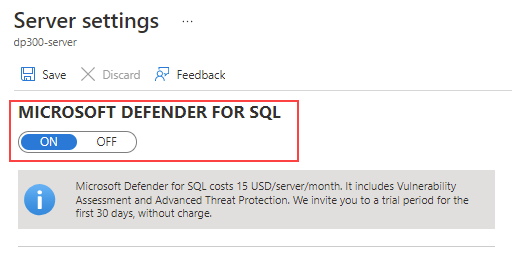 SQL için Microsoft Defender'ı etkinleştirmek için sunucu ayarları sayfasının ekran görüntüsü.