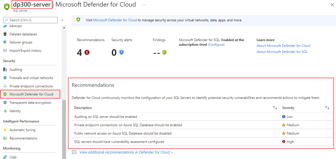 Sunucu düzeyinde SQL için Microsoft Defender önerilerinin ekran görüntüsü.