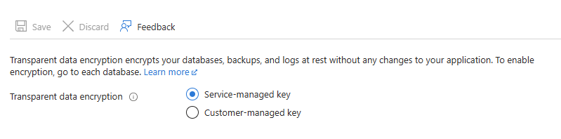 Azure SQL Veritabanı için Saydam Veri Şifrelemesi ayarlarını gösteren ekran görüntüsü.