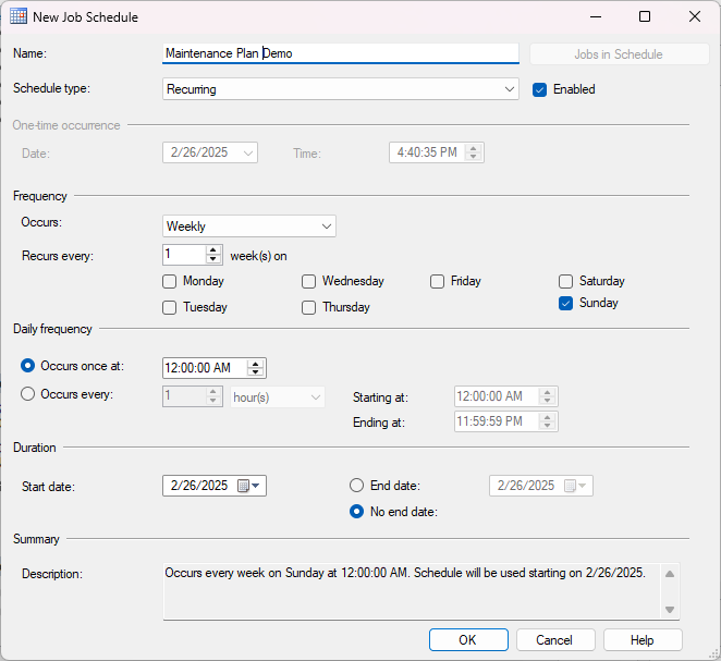 SQL Aracısı'nda iş zamanlamasını gösteren ekran görüntüsü.