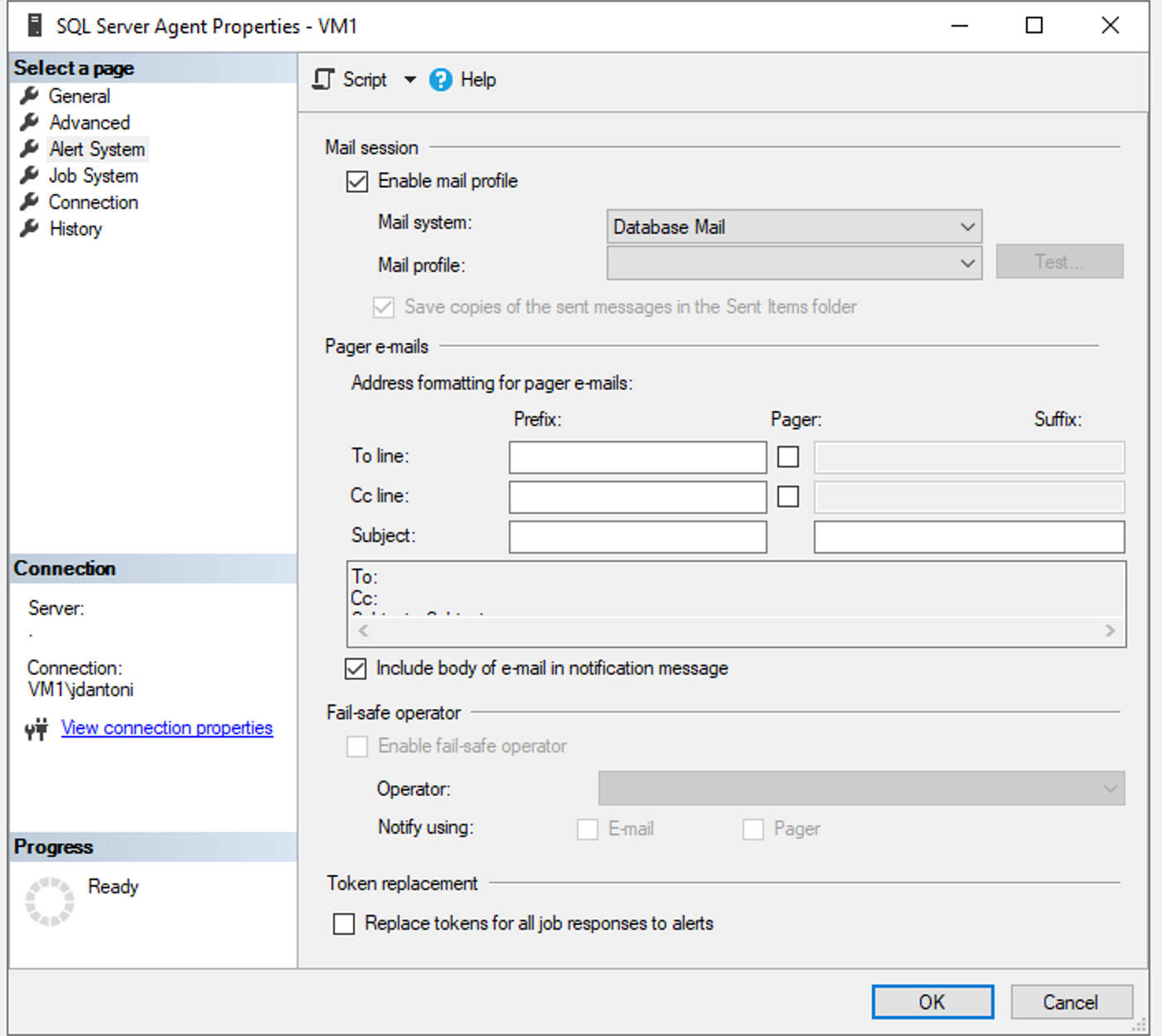 SQL Server Agent özelliklerinde posta profilinin nasıl etkinleştirileceğine ilişkin ekran görüntüsü.