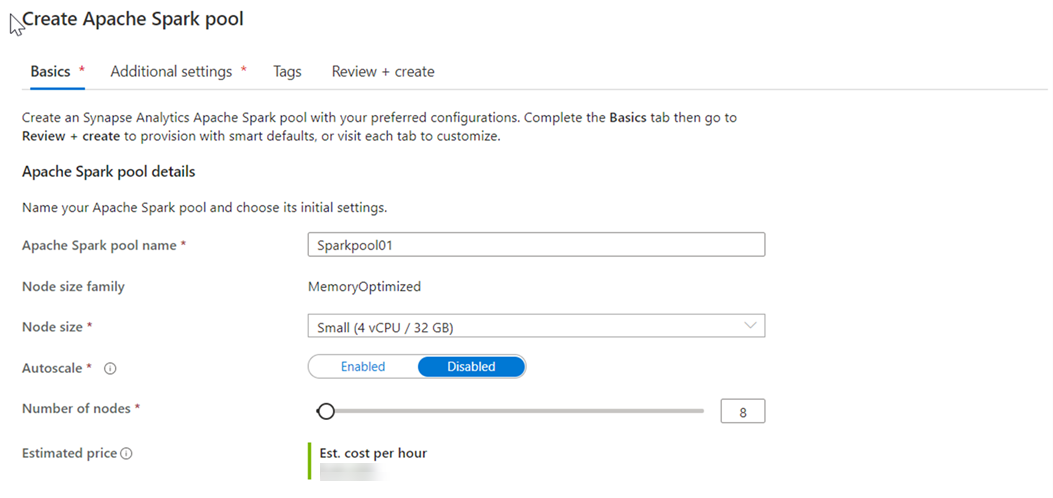 The basics screen in the Create Apache Spark Pool in Azure Synapse Studio