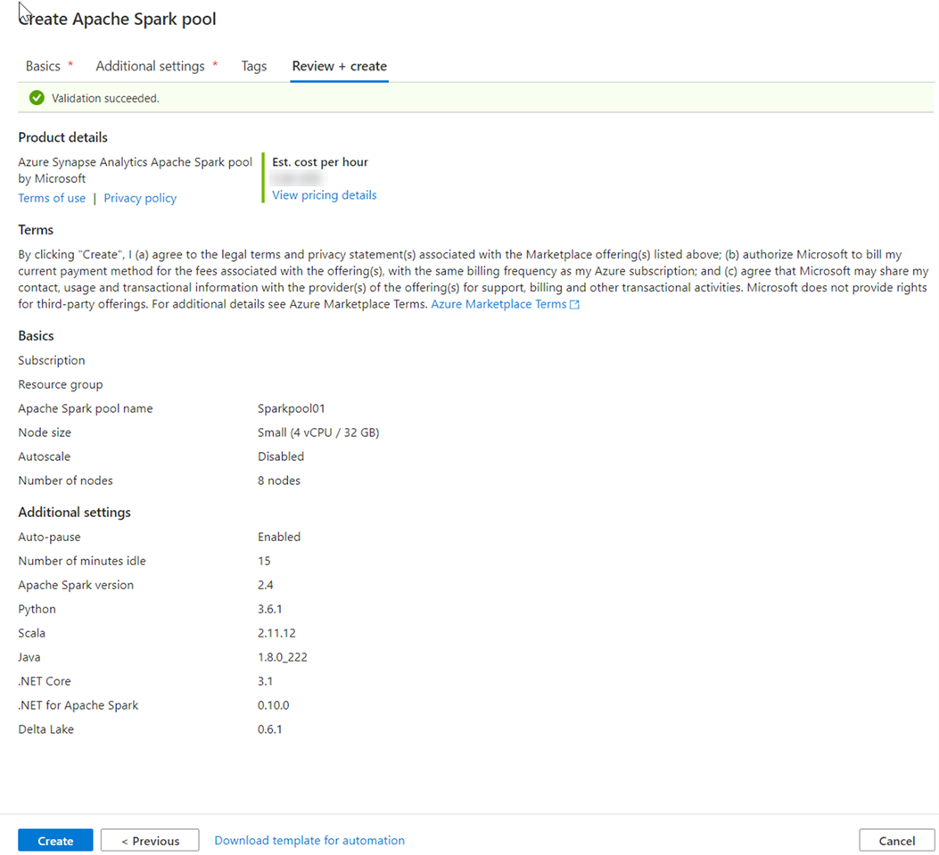 The review screen in the Create Apache Spark Pool in Azure Synapse Studio