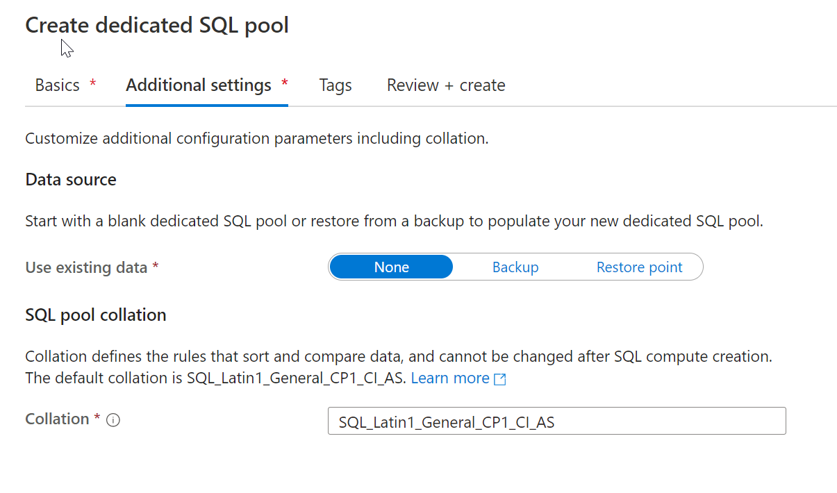 The additional settings screen in the Create SQL Pool in Azure Synapse Studio