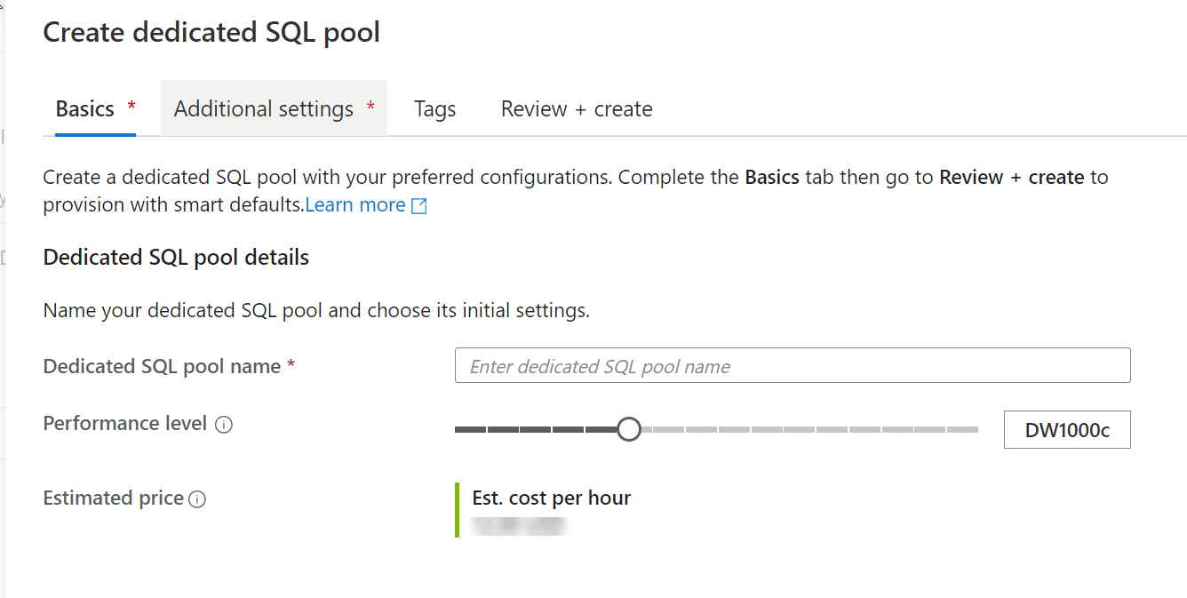 The basics screen in the Create SQL Pool in Azure Synapse Studio