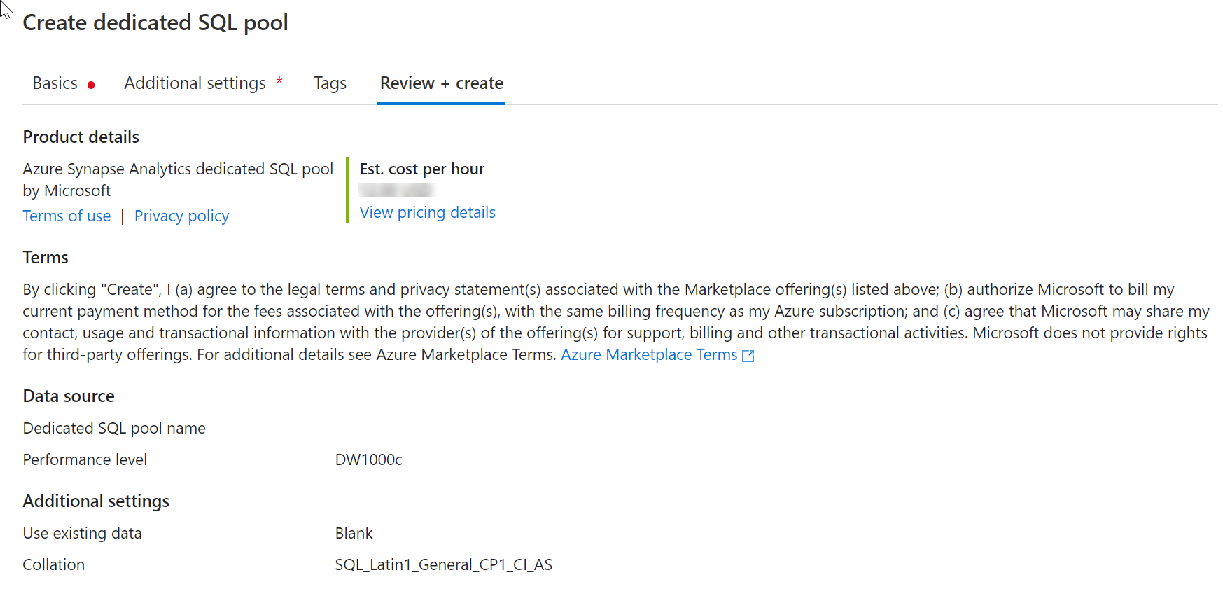 The review and create screen in the Create SQL Pool in Azure Synapse Studio